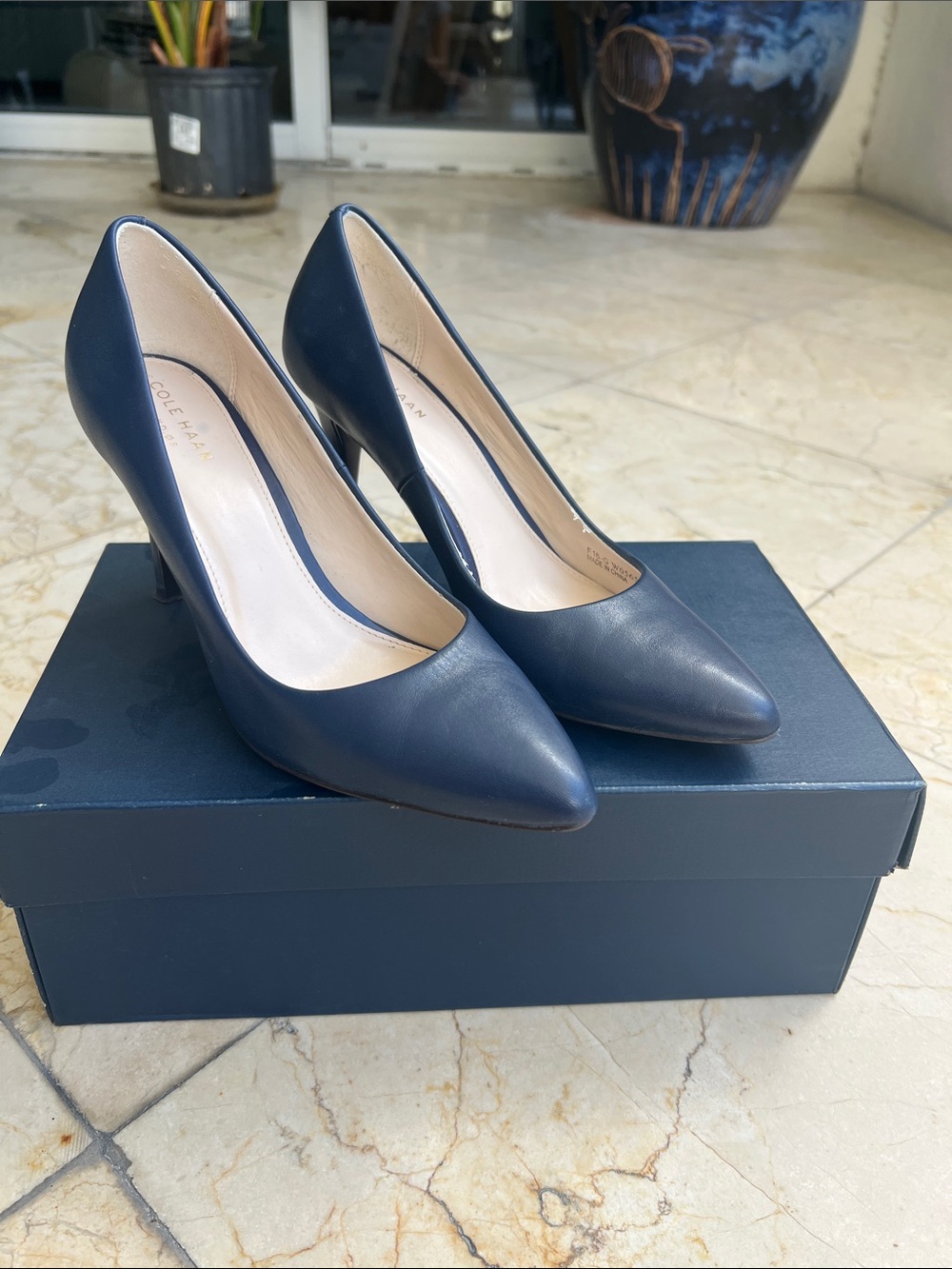 Cole Haan Navy Blue Pointed-Toe Leather Heels